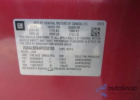 2015 Chevrolet Equinox 1Lt from USA, damaged, VIN 2GNALBEK4F6330183